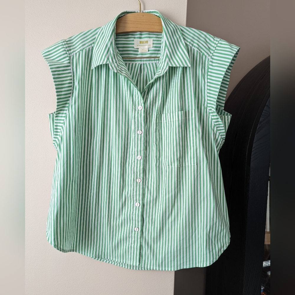 Anthropologie Maeve Green Stripe Cap Sleeve Button Down